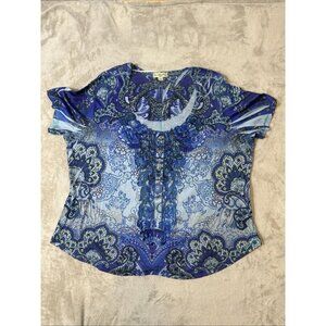 Live and Let Live Top 3X Blue Paisley Boho Embroidered Lace Trim Blouse